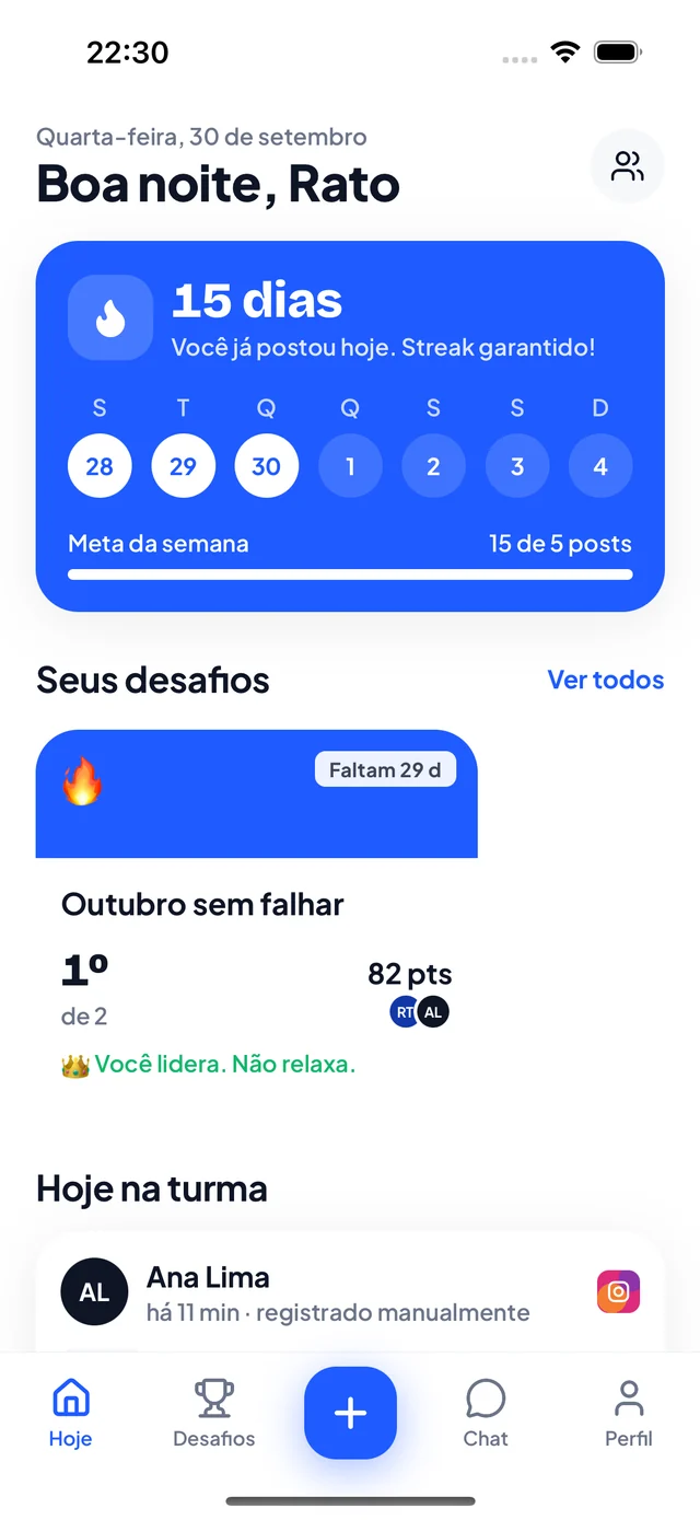 Tela Hoje com streak de 15 dias e desafios ativos