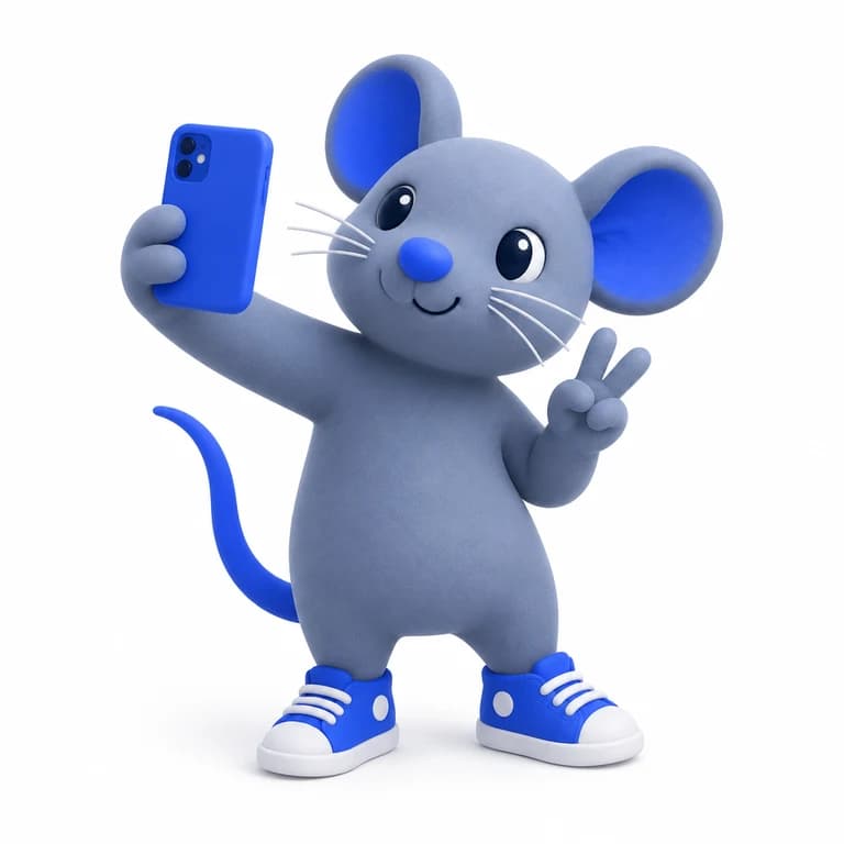 Mascote do Content Rats: um rato de tênis tirando selfie
